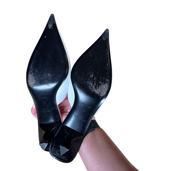 Prada White Spazzolato Triangle Logo 55M Pointed Toe Mules Heels Size 39 - Picture 11 of 13